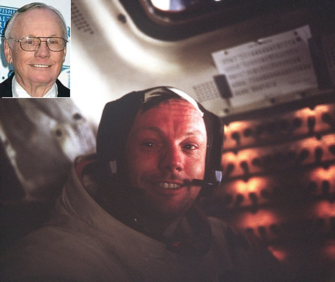 На большом снимке: Армстронг в лунном модуле. На врезке: Армстронг сегодня. Астронавт доволен, что его правота в давнем споре нашла подтверждение (фото NASA и с сайта seattletimes.nwsource.com). 